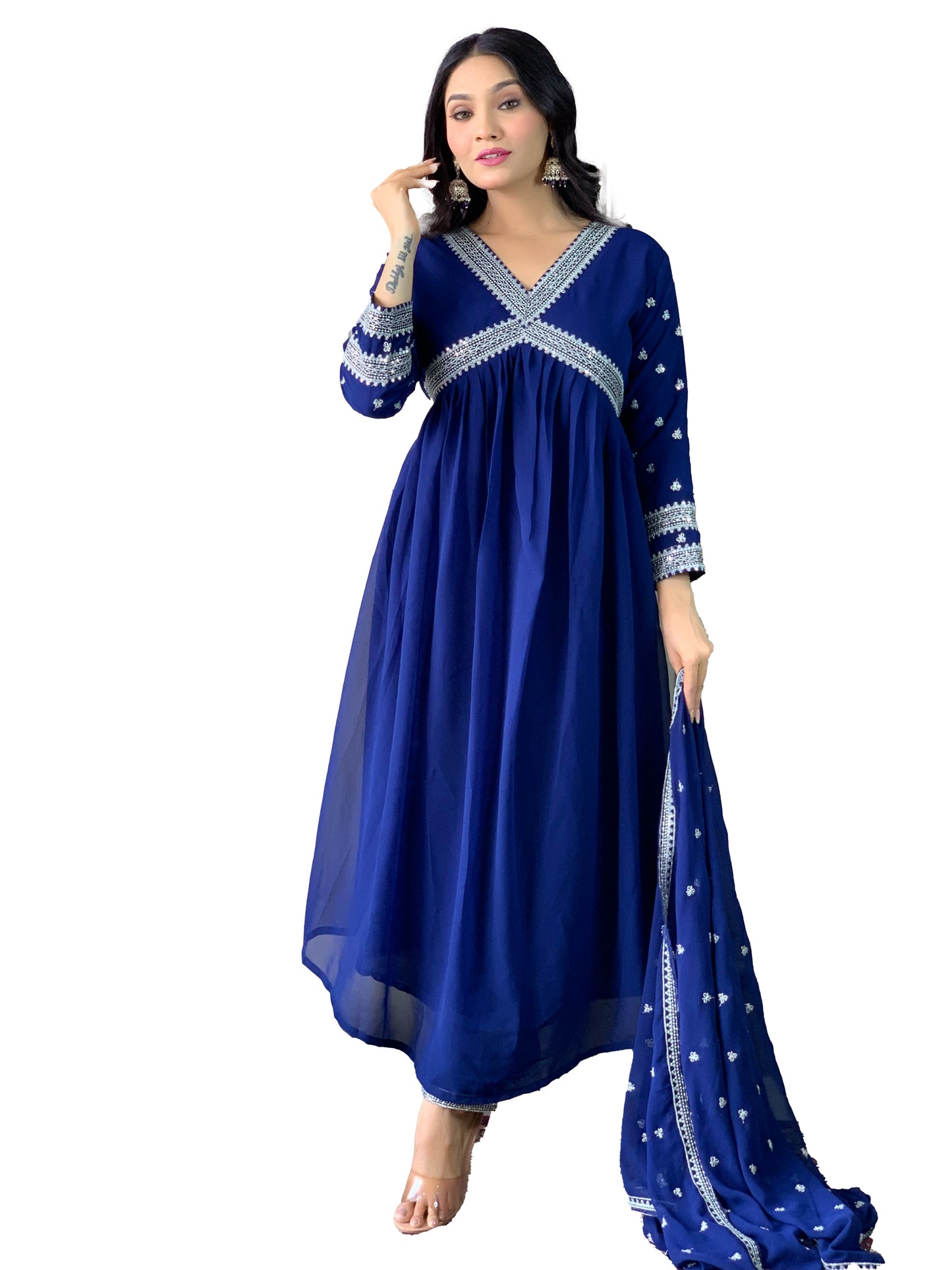 Women Embroidered Flared Kurta Set with Dupatta