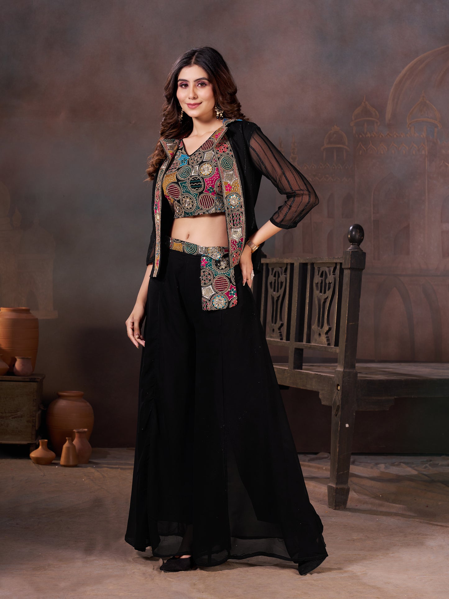 Floral Embroidered Sequined Crop Top With Palazzo