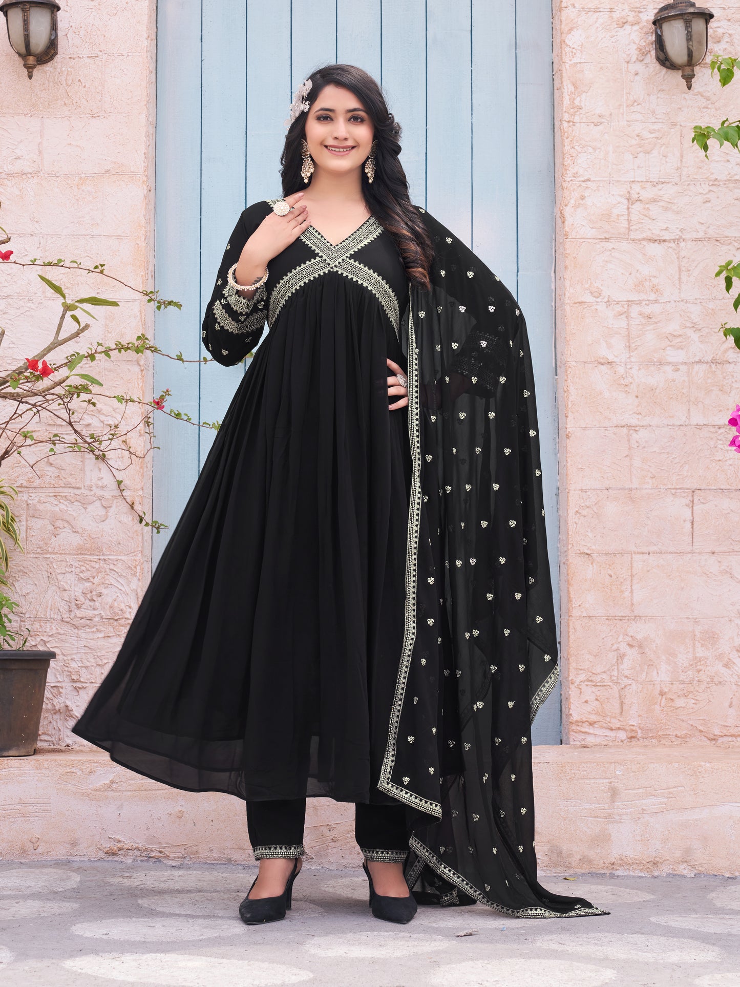 Women Embroidered Flared Kurta Set with Dupatta