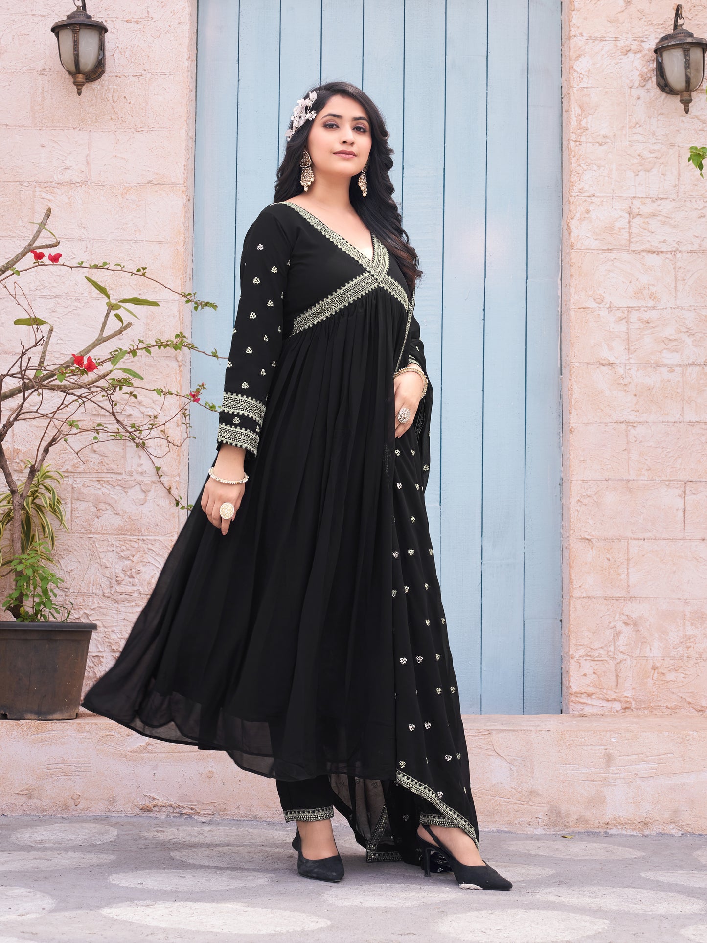 Women Embroidered Flared Kurta Set with Dupatta