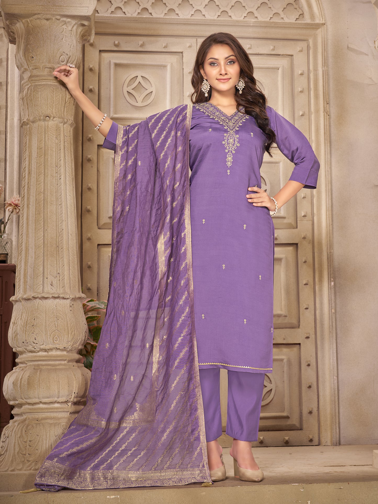 Women Embroidered Straight Kurta Set with Dupatta