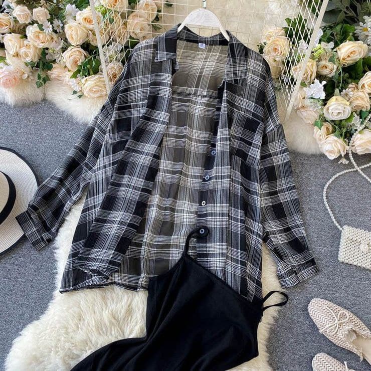 ROYALICA Women Black and White Checked Shirt with Heavy Black Inner Set (Top & Shirt)