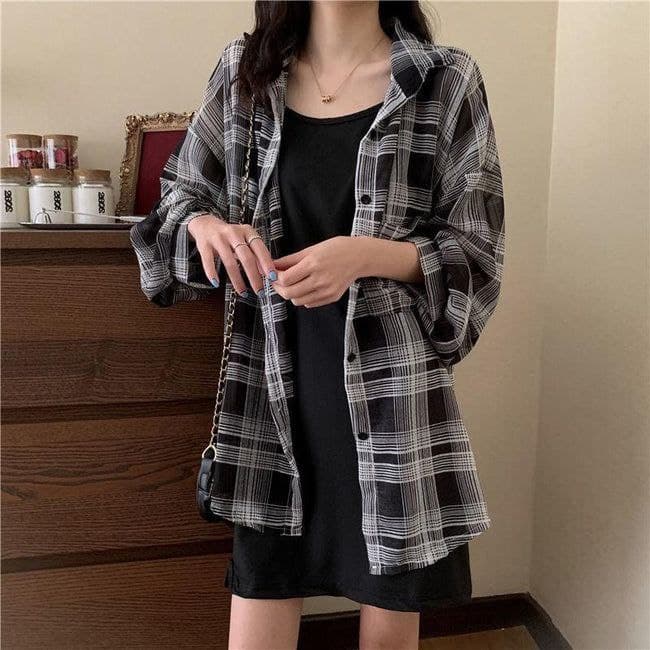 ROYALICA Women Black and White Checked Shirt with Heavy Black Inner Set (Top & Shirt)